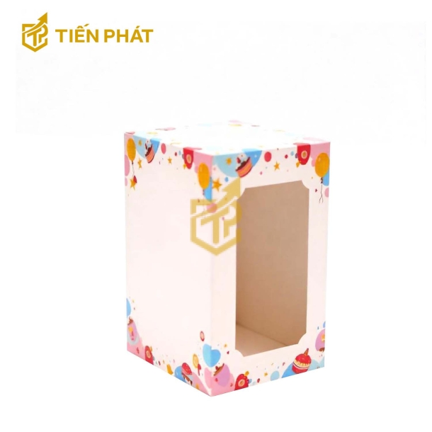 Hộp bánh kem 2 tầng, màu hồng, họa tiết bong bóng, ngôi sao, bánh kem