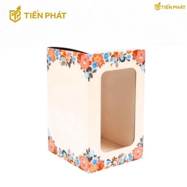 Hộp bánh kem 2 tầng, màu kem, in các bông hoa nhỏ