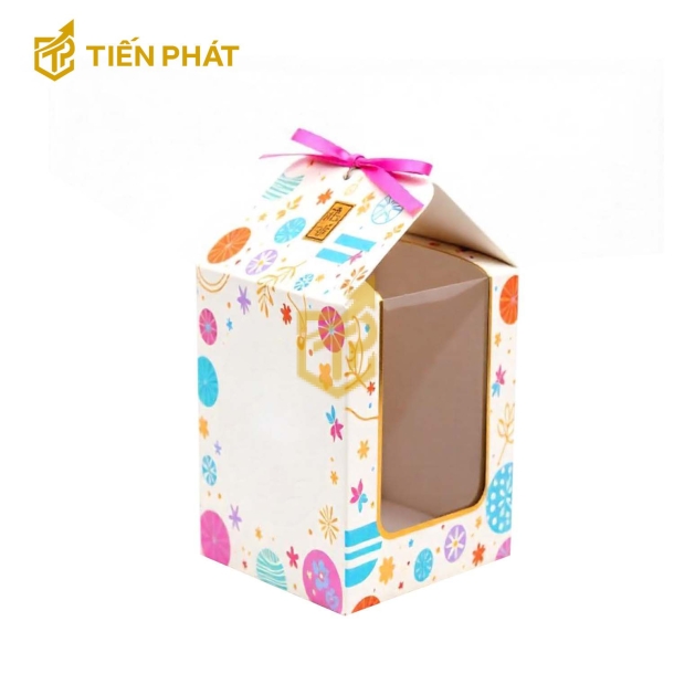 Hộp bánh kem 2 tầng, màu trắng, họa tiết bông tuyết, bong bóng