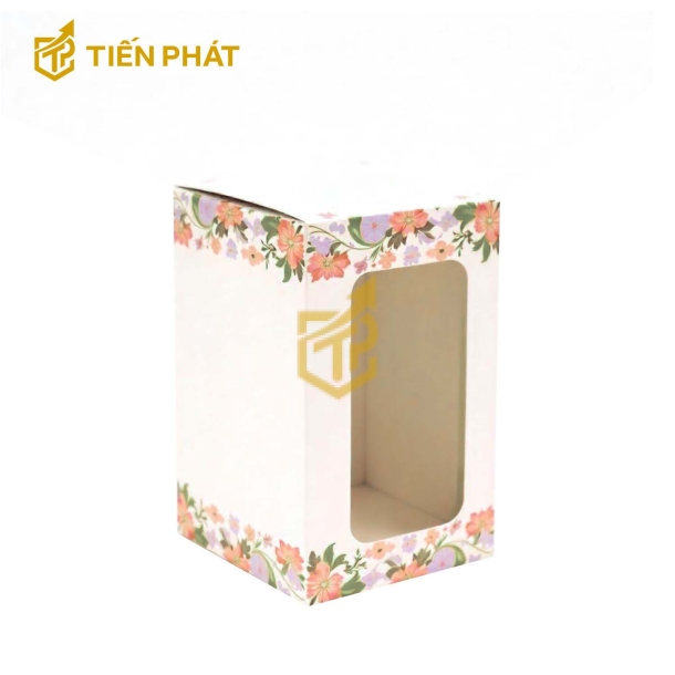 Hộp bánh kem 2 tầng, màu trắng, họa tiết những bông hoa màu hồng, màu tím