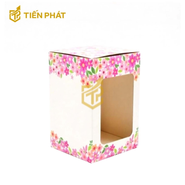 Hộp bánh kem 2 tầng, màu trắng, họa tiết những bông hoa màu hồng