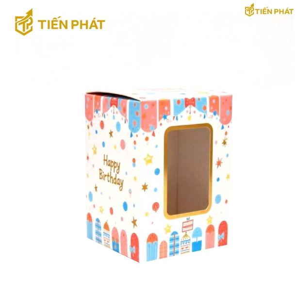 Hộp bánh kem 2 tầng, màu trắng, in các họa tiết sinh nhật