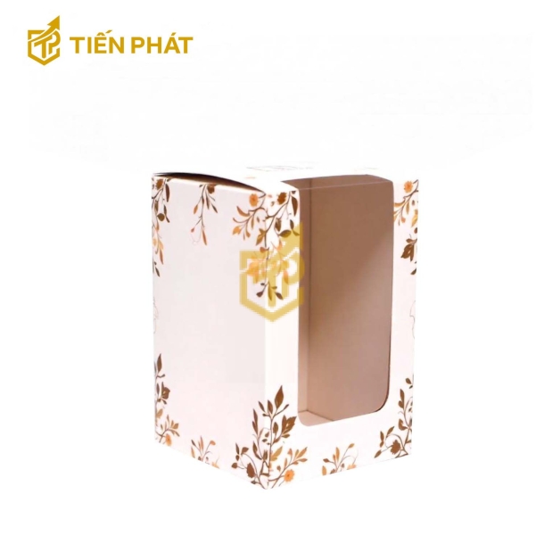 Hộp bánh kem 2 tầng, màu trắng, in họa tiết lá cây mùa thu