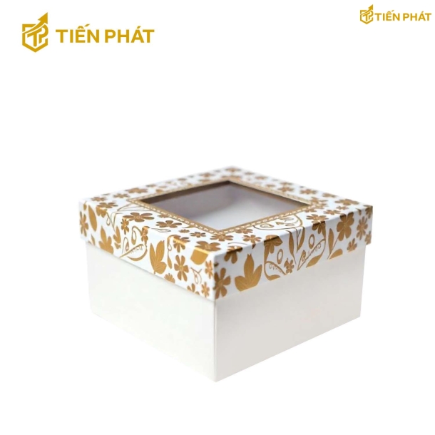 Hộp bánh kem mini, màu trắng, họa tiết các bông hoa nhỏ màu vàng