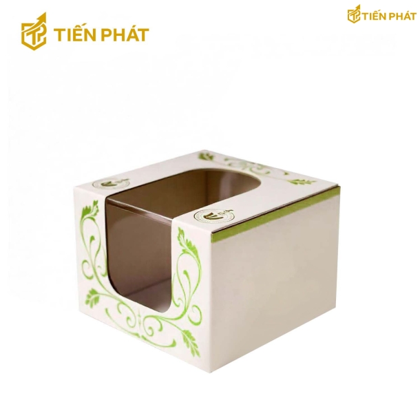 Hộp bánh kem mini, màu trắng, họa tiết đơn giản màu xanh lá