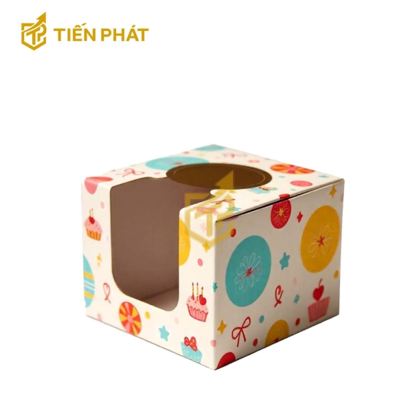 Hộp bánh kem mini, màu trắng, họa tiết nơ, bong bóng, bánh kem