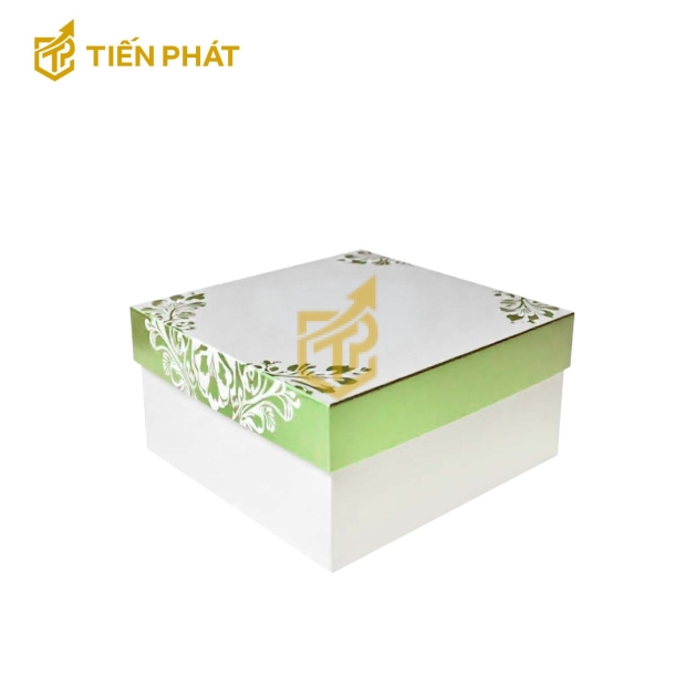 Hộp bánh kem mini, màu trắng, nắp xanh lá, họa tiết đơn giản