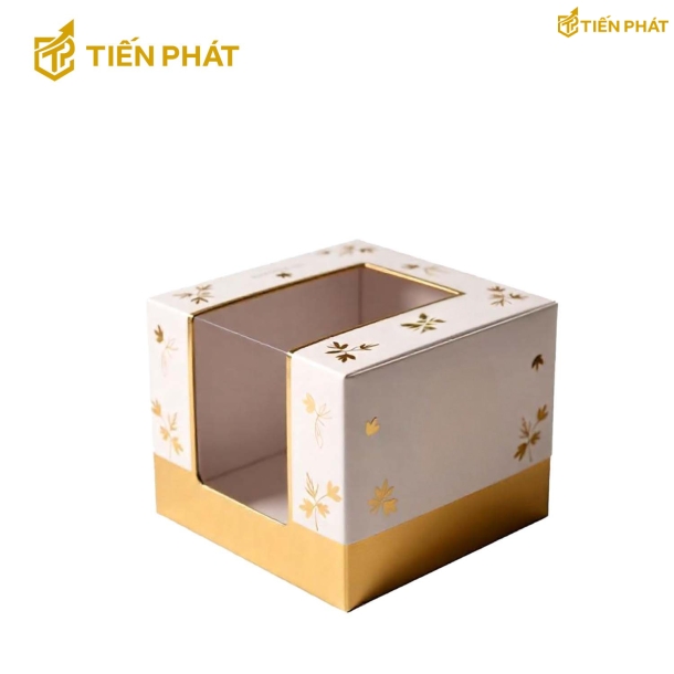 Hộp bánh kem mini, màu trắng và vàng, họa tiết đơn giản