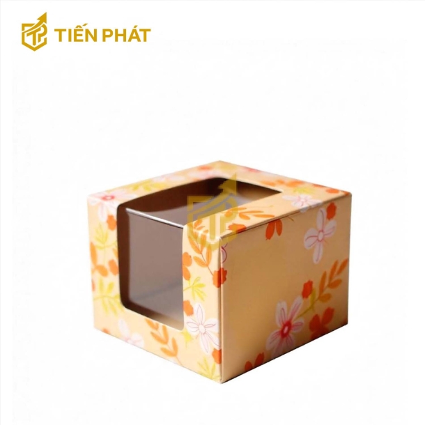 Hộp bánh kem mini, màu vàng, họa tiết bông hoa và lá