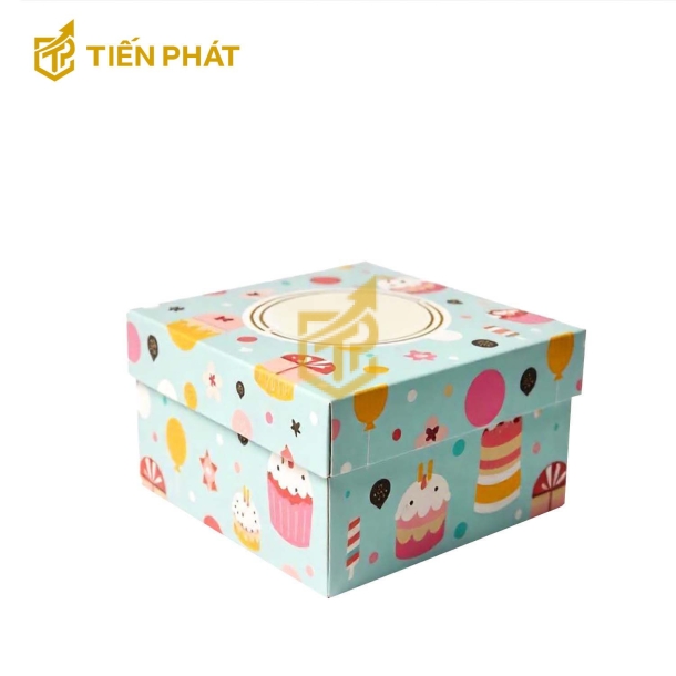 Hộp bánh kem mini, màu xanh ngọc bích, họa tiết bánh kem, bong bóng