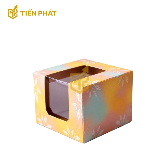 Hộp bánh kem mini, nhiều màu sắc, họa tiết nhiều lá màu trắng