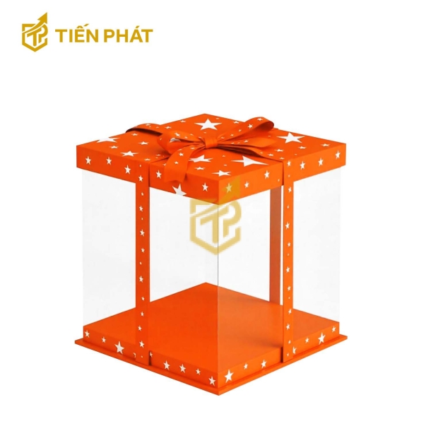 Hộp bánh kem trong suốt, màu cam, họa tiết các ngôi sao nhỏ