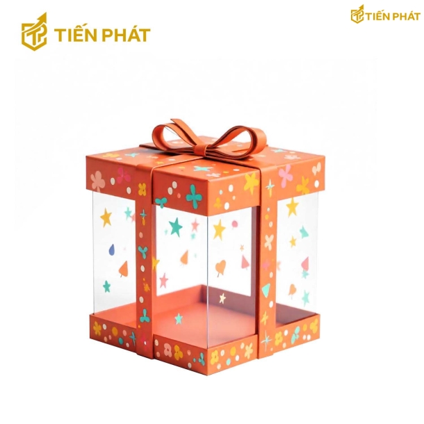 Hộp bánh kem trong suốt, màu cam, họa tiết độc đáo