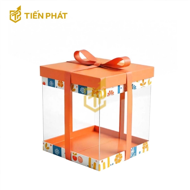 Hộp bánh kem trong suốt, màu cam, họa tiết đơn giản