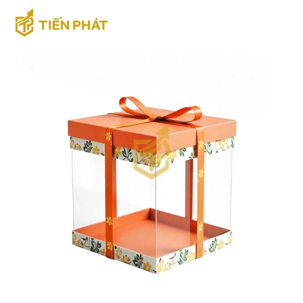 Hộp bánh kem trong suốt, màu cam, họa tiết hoa màu cam, màu xanh