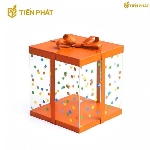 Hộp bánh kem trong suốt, màu cam, in các hình tròn, hình vuông nhỏ