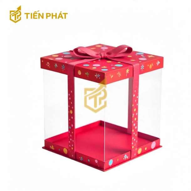 Hộp bánh kem trong suốt, màu đỏ, hình bong bóng và các họa tiết độc đáo