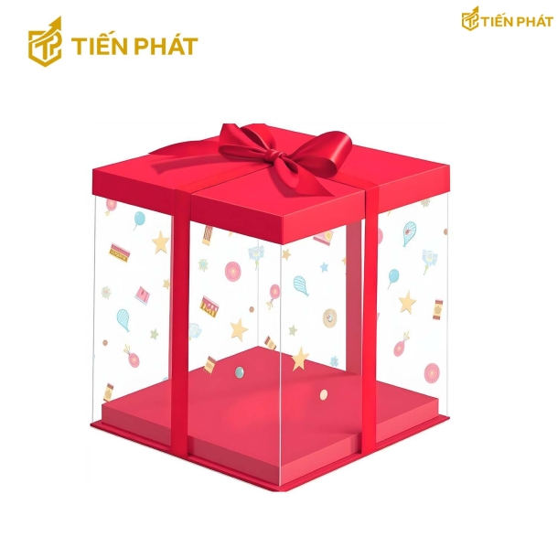 Hộp bánh kem trong suốt, màu đỏ, in hình bong bóng, ngôi sao