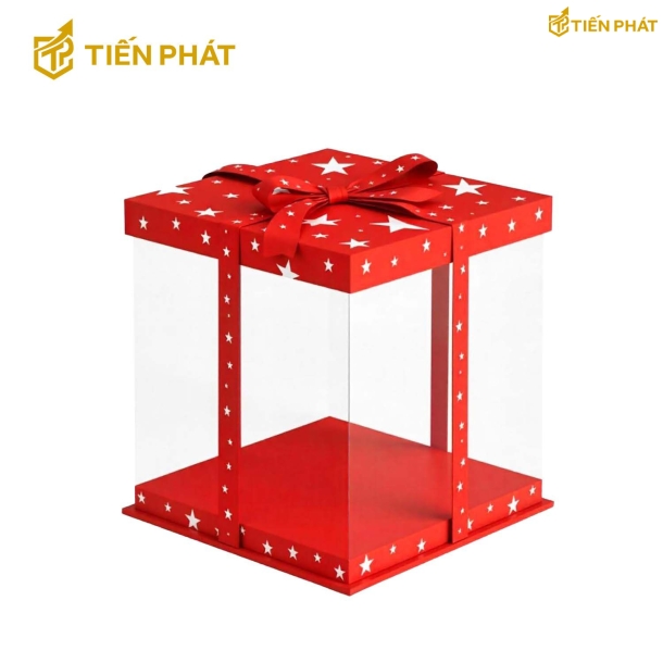 Hộp bánh kem trong suốt, màu đỏ, in hình các ngôi sao nhỏ màu trắng