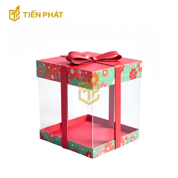 Hộp bánh kem trong suốt, màu đỏ - xanh lá, họa tiết hình các bông hoa