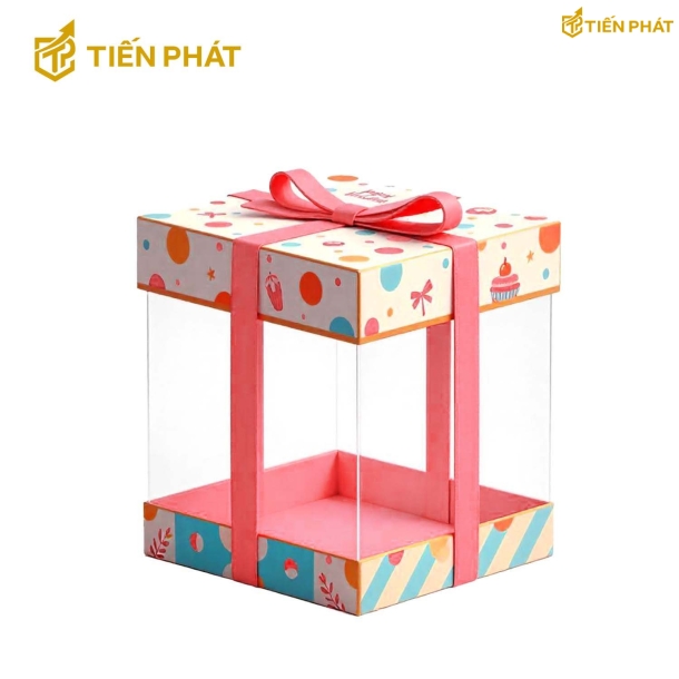 Hộp bánh kem trong suốt, màu hồng, màu kem, họa tiết bong bóng và nơ