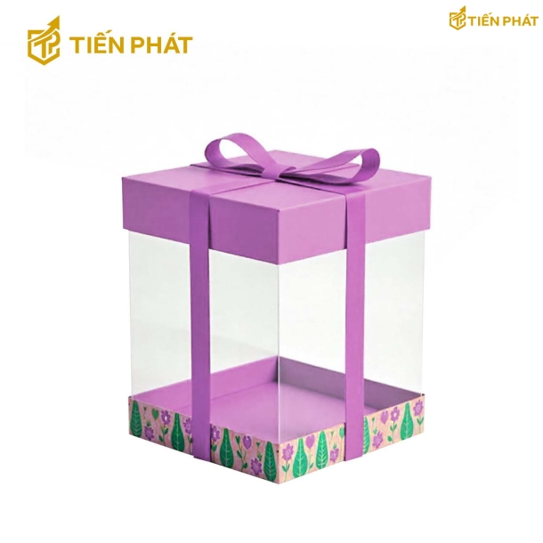 Hộp bánh kem trong suốt, màu tím, họa tiết các bông hoa, lá cây