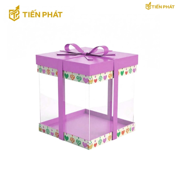 Hộp bánh kem trong suốt, màu tím, họa tiết các trái tim nhỏ