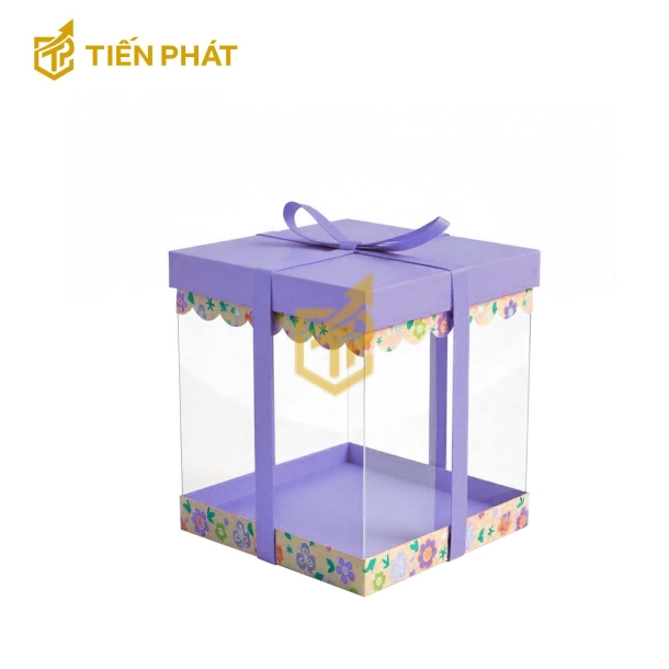 Hộp bánh kem trong suốt, màu tím, họa tiết hình các bông hoa