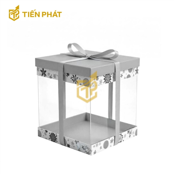 Hộp bánh kem trong suốt, màu xám, các họa tiết độc đáo