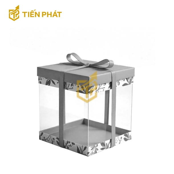 Hộp bánh kem trong suốt, màu xám, họa tiết lá cây