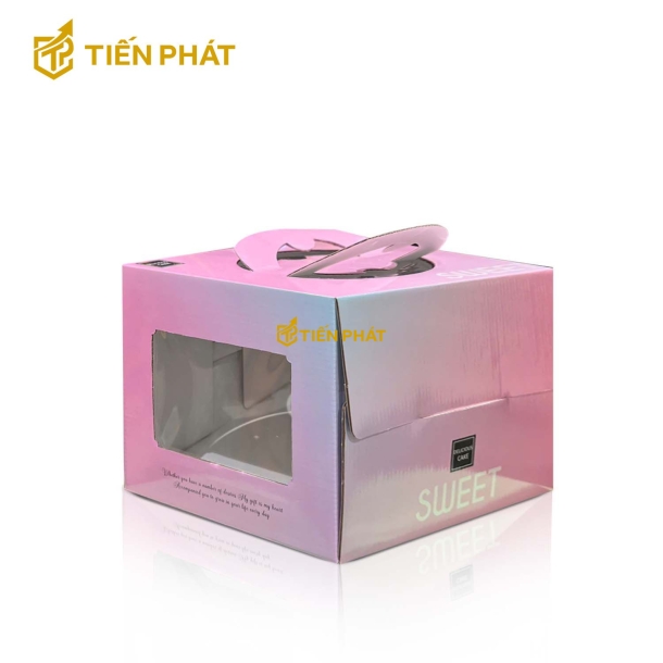 Hộp bánh kem vuông màu hồng, in chữ sweet, kiếng hông