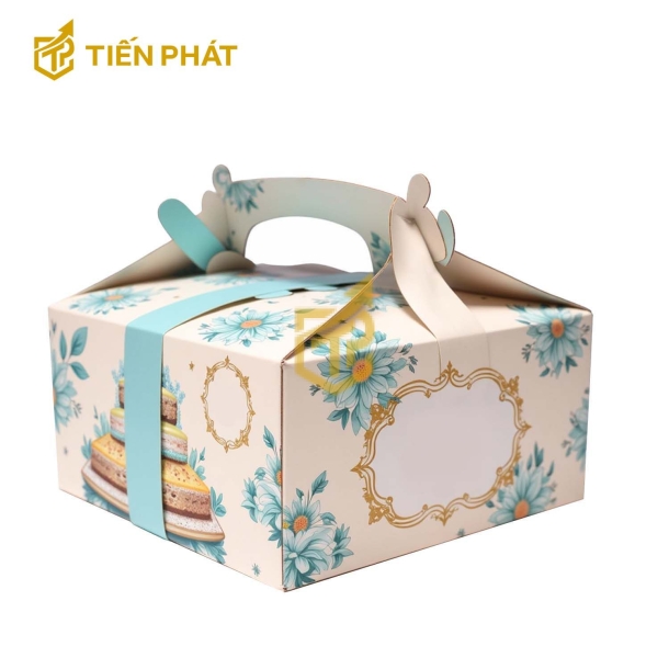 Hộp bánh kem vuông, màu kem, in hình bánh kem, bông hoa màu xanh