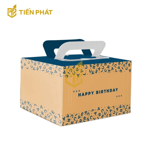 Hộp bánh kem vuông màu nâu, in hình các chữ cái, in chữ "Happy Birthday"