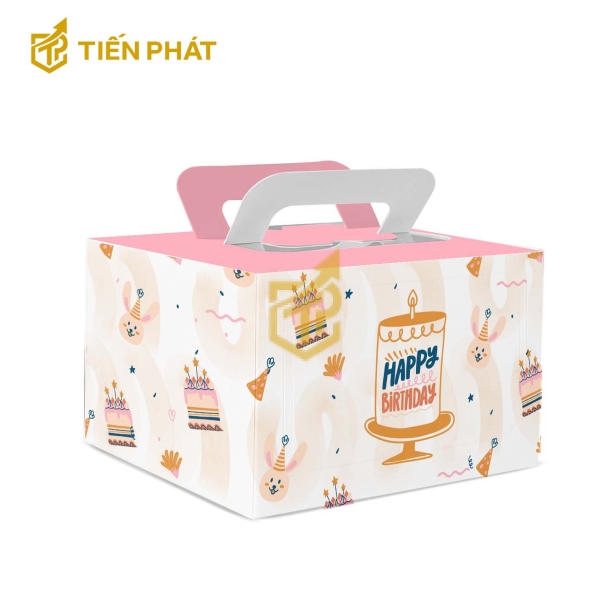 Hộp bánh kem vuông màu trắng, in hình bánh kem, mặt cười và chữ "Happy Birthday"