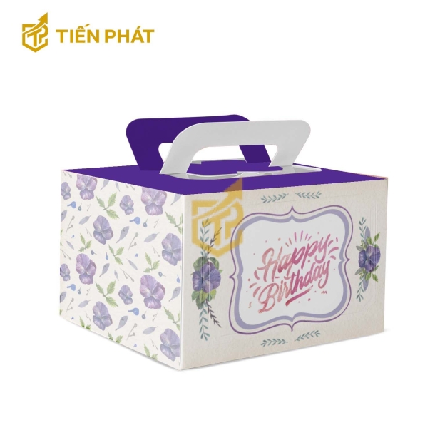 Hộp bánh kem vuông, màu trắng, in hình bông hoa, in chữ "Happy Birthday"