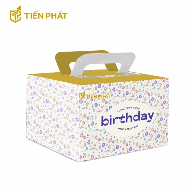 Hộp bánh kem vuông, màu trắng, in hình bông hoa nhỏ, in chữ "Birthday"