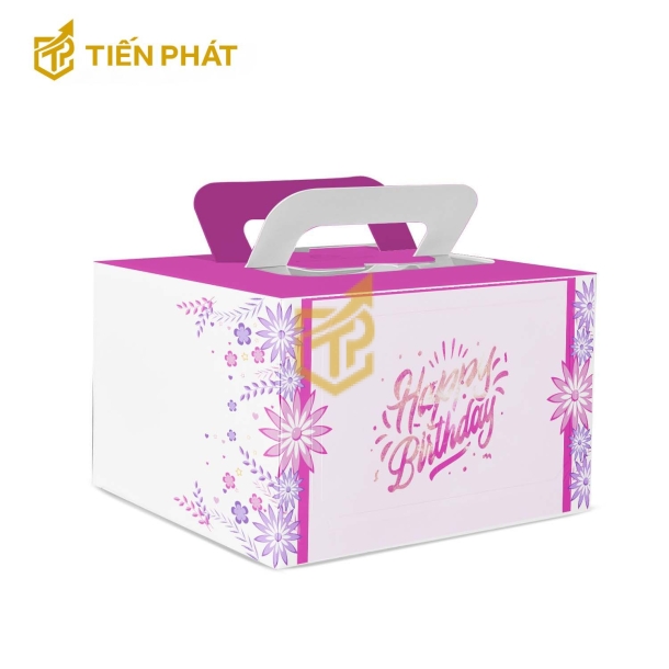 Hộp bánh kem vuông màu trắng, in hình các bông hoa và chữ "Happy Birthday"