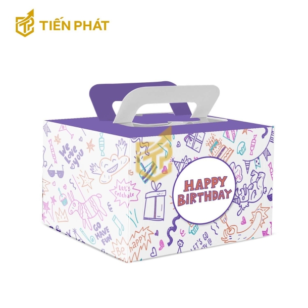 Hộp bánh kem vuông màu trắng, in hình hộp quà, bánh kem, in chữ "Happy Birthday"