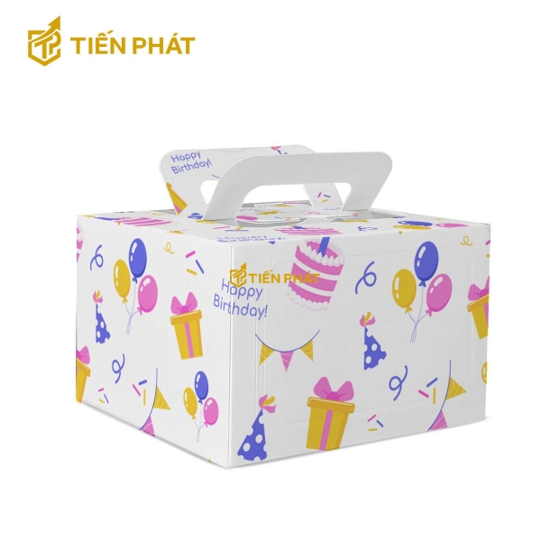 Hộp bánh kem vuông, màu trắng, in hình hộp quà, bong bóng và nón sinh nhật