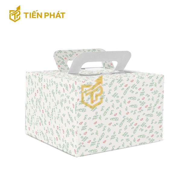 Hộp bánh kem vuông, màu trắng, in hình trái tim và hoa lá