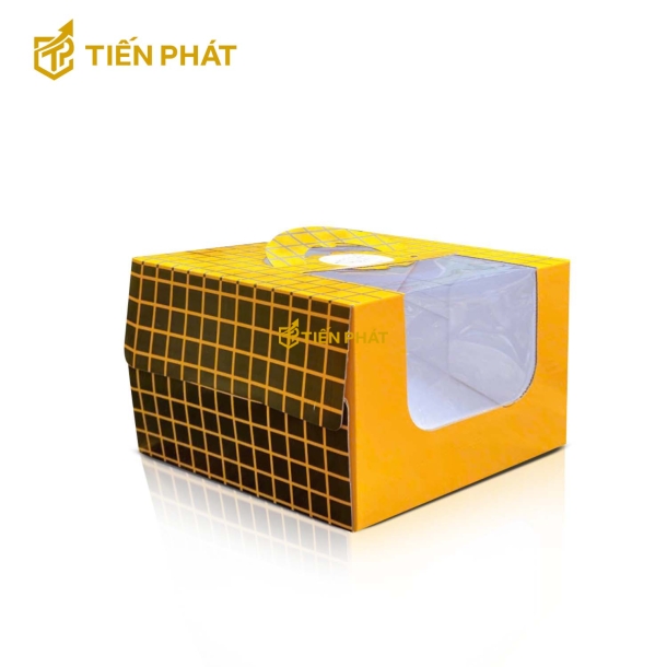 Hộp bánh kem vuông màu vàng đen, họa tiết ô vuông