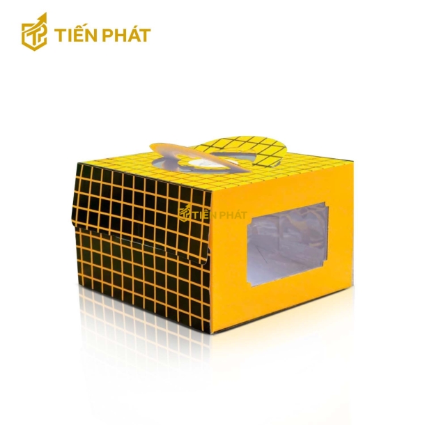 Hộp bánh kem vuông màu vàng đen, họa tiết ô vuông