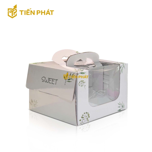 Hộp bánh kem vuông màu xám, họa tiết lá cây, in chữ sweet