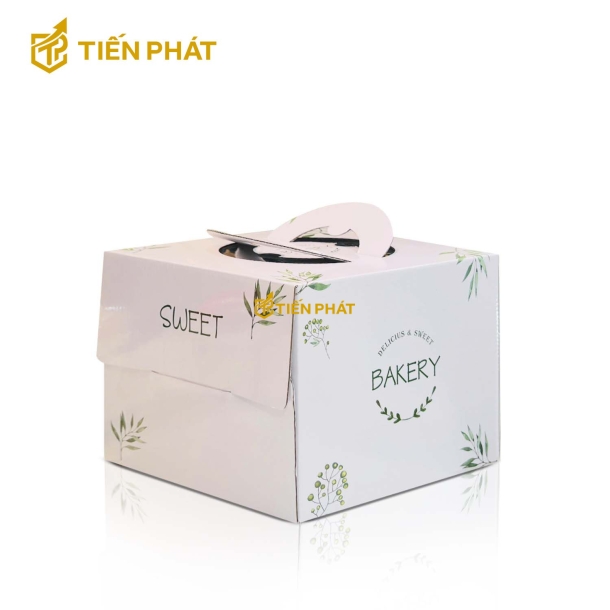 Hộp bánh kem vuông màu xám, họa tiết lá cây, in chữ sweet