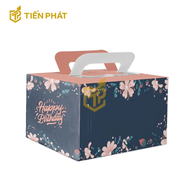 Hộp bánh kem vuông, màu xanh đen, in hình bông hoa và chữ "Happy Birthday"