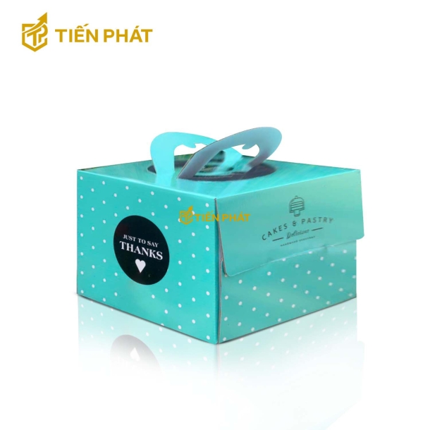 Hộp bánh kem vuông, màu xanh ngọc bích, họa tiết chấm bi, in chữ "just to say thanks"