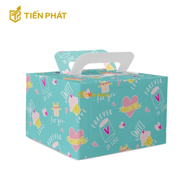 Hộp bánh kem vuông, màu xanh ngọc bích, in hình trái tim, in chữ "forever in love"
