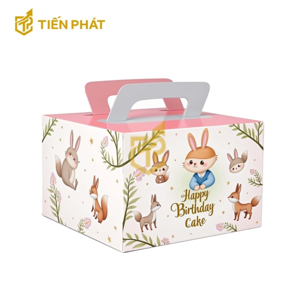 Hộp bánh sinh nhật vuông, màu hồng, in hình các chú thỏ và chữ "Happy Birthday Cake"