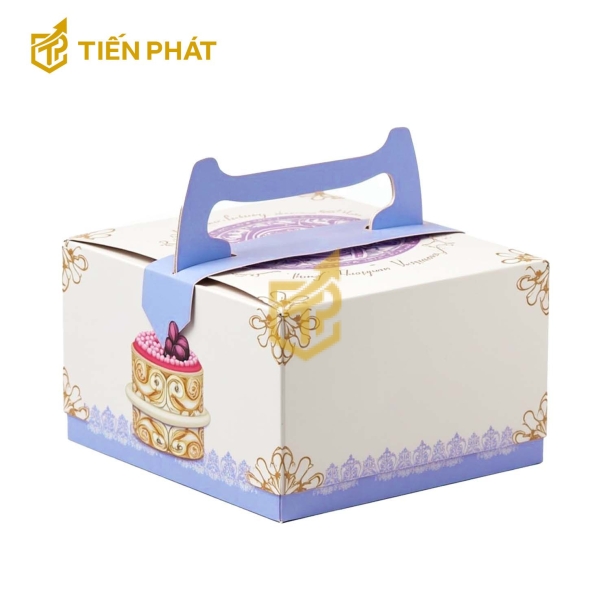 Hộp bánh sinh nhật vuông, màu kem, in hình hoa và bánh kem