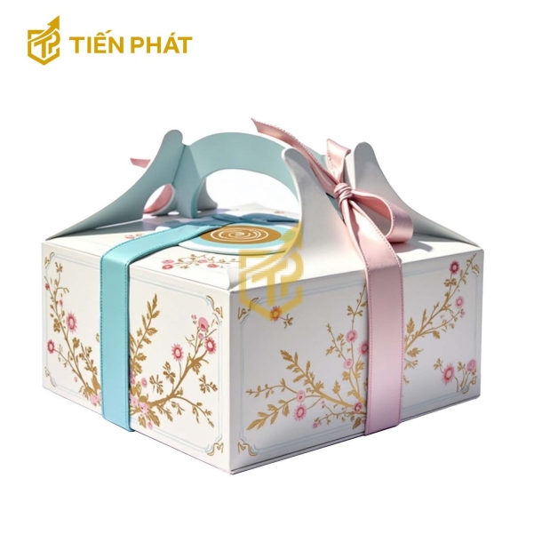 Hộp bánh sinh nhật vuông, màu kem, in hình nhiều cành hoa